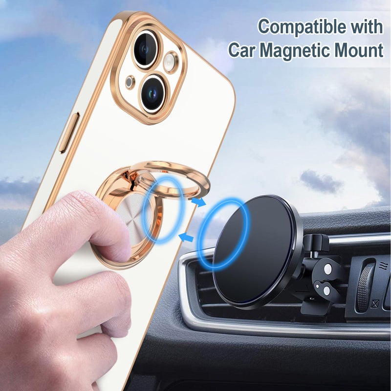 Hython for iPhone 15 Case with Ring Stand, 360Â° Rotatable Ring Holder Magnetic Kickstand, Plating Rose Gold Edge Soft Cover Women Men Luxury Protective Phone Case for iPhone 15 6.1", White - Image 5