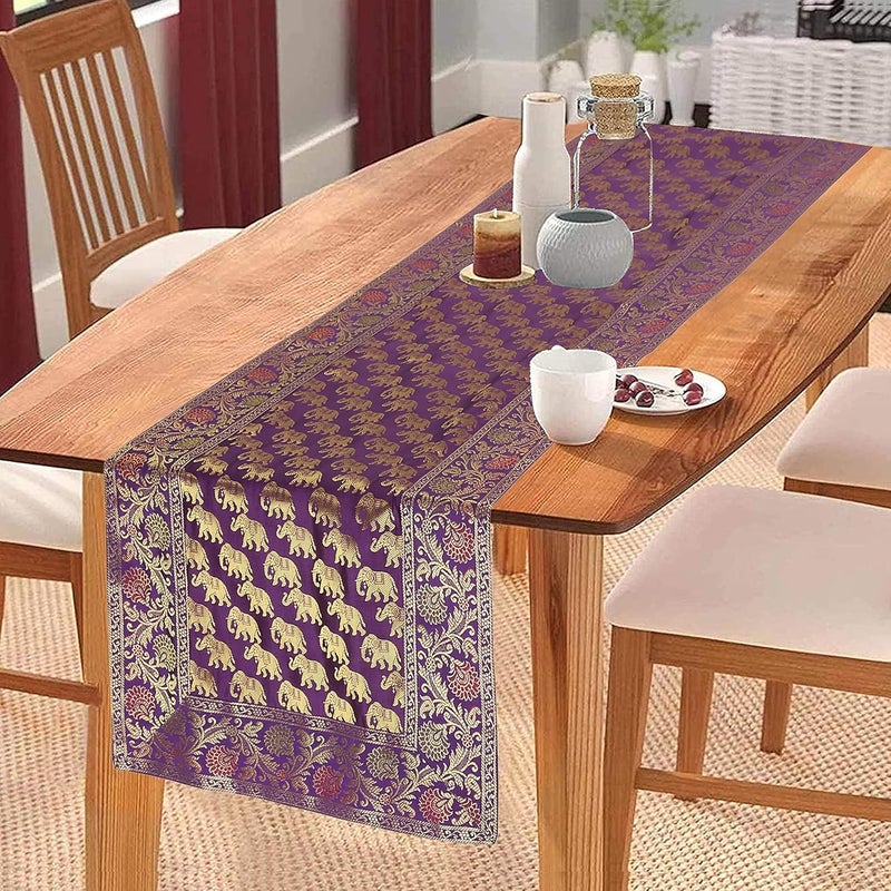 EEZRA Banarsi Brocade Silk Table Runner for Dining Table 6 4 Seater Elephant Centre Table Top Decor Rectangle 60x16 Inches 152x40 cm Purple