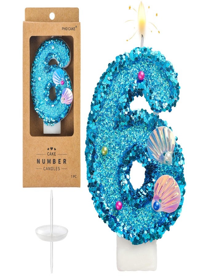PHD CAKE Number 6 Mermaid Glitter Birthday Candles, Mermaid Themed Number Candles, Cake Number Candles, Party Celebration - Image 1
