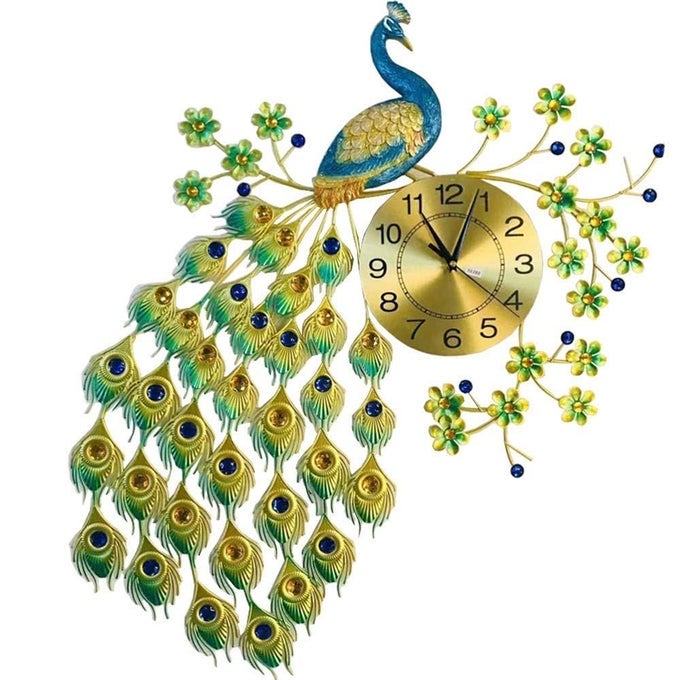 LARGE PEACOCK WALL LUXURY METAL NONTICKING SILENT ART DECORATIVE MODERN BIG WALL CLOCK FOR LIVING ROOM DECOR METAL 3D PEACOCK BIG SIZE ANALOG WALL CLOCK FOR HOME