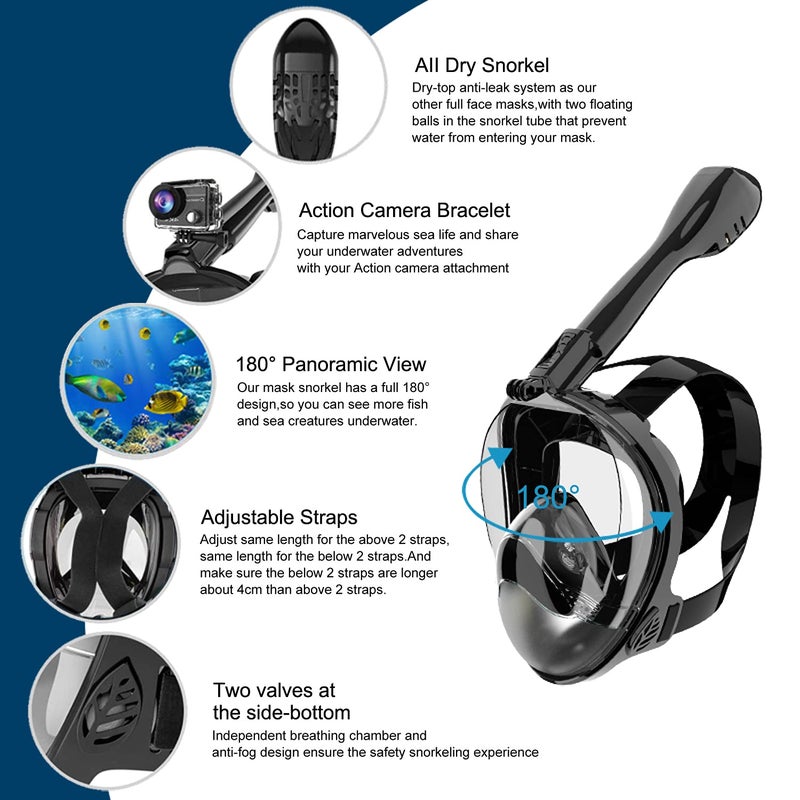 Jwintee Full Face Snorkel Mask, Diving Mask for Kids and Adults,180° Panoramic View Snorkel Mask with Camera Mount, Safe Breathing, Anti-Leak&Anti-Fog - Image 2