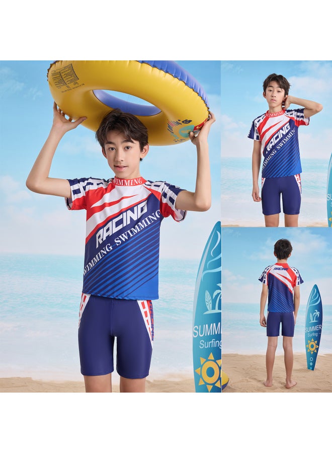 إسكدنيا Children's Two-piece Swimsuit Hot Spring Beach Hotel Professional Training Swimsuit Suit Boys' Quick-drying Three-piece Swimming Trunks-Color:321-6- - Image 1