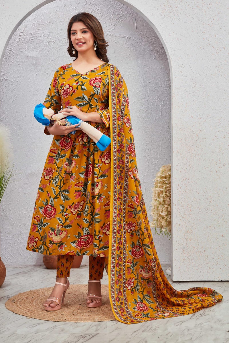 SKY FAB Women Viscose Rayon Anarkali Maternity and Nursing Kurta Set with Dupatta - Brown Floral and Geometric Pattern, 3/4 Sleeves, Comfortable Fit - Image 5