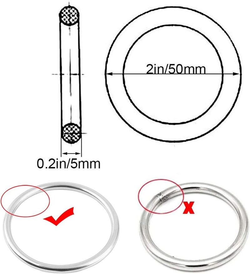 Abimars 2" Seamless Metal O Ring, 10 Pack 304 Stainless Steel Rings Load 320lbs, Solid, Heavy Duty Multi-Purpose Metal O-Ring for Macrame,Dog Leashes - Image 2