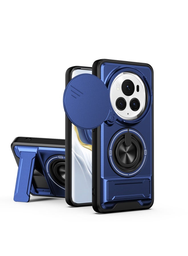 جراب حمايه مقاوم للصدمات مزود بستاند وحلقه دائريه وحمايه للكاميرا متوافق مع  Honor Magic 6 Pro (ازرق)