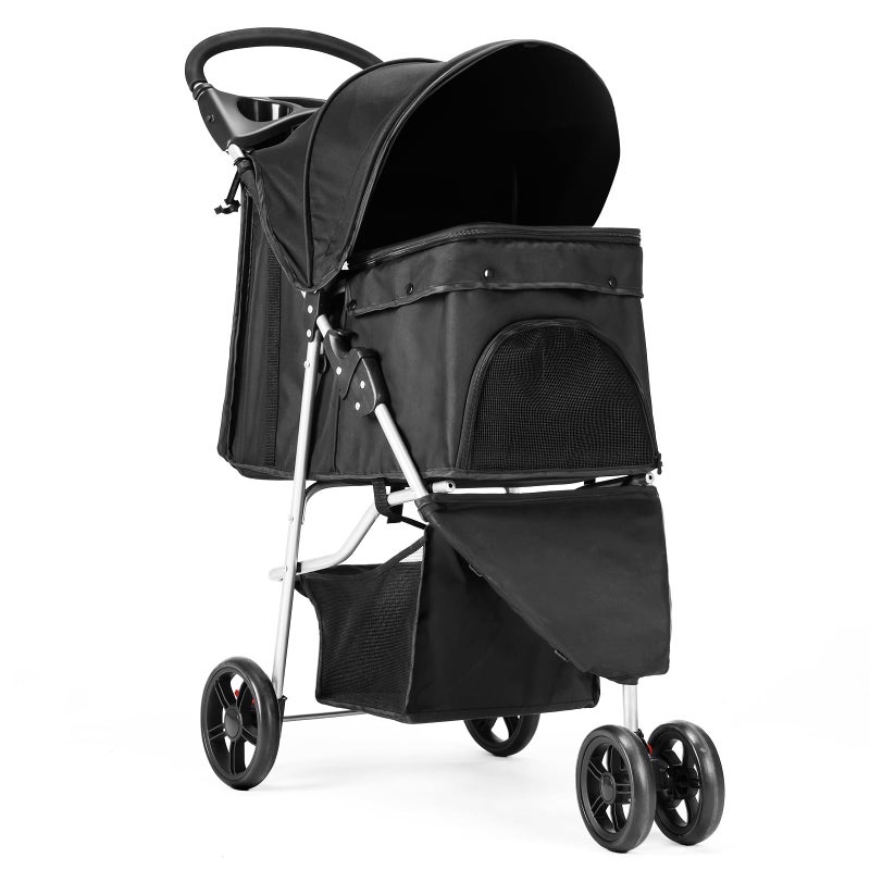 DUMOS 3 Wheels Pet Stroller for Small Dogs and Cats â€“ Foldable Dog Stroller with Mesh Windows, Storage Basket & Cup Holder, Lightweight & Durable Pet Carrier for Travel, Outdoor Use â€“ Pink - Image 1