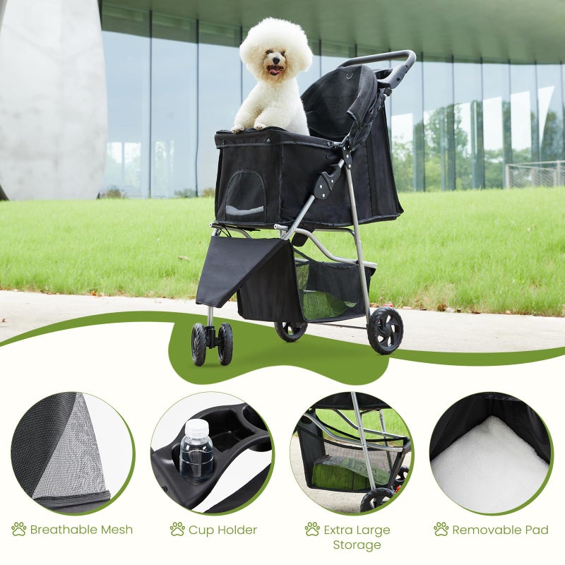DUMOS 3 Wheels Pet Stroller for Small Dogs and Cats â€“ Foldable Dog Stroller with Mesh Windows, Storage Basket & Cup Holder, Lightweight & Durable Pet Carrier for Travel, Outdoor Use â€“ Pink - Image 2