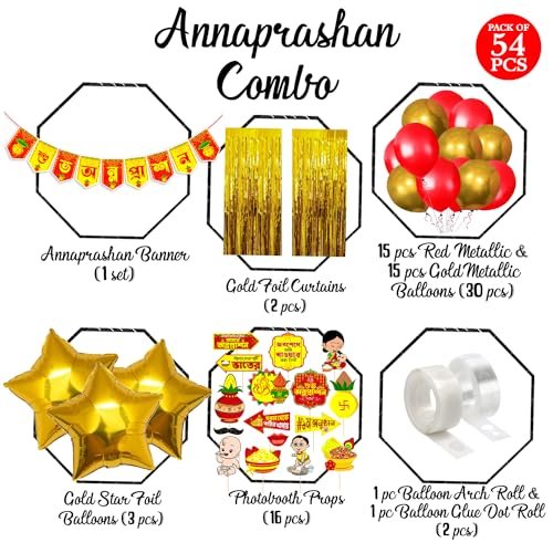 Zyozique ® Shubh Annaprashan Decorations Items | Annaprashan Decoration Set - Paper Banner, Balloons, PhotoBooth Props, Foil Balloons (Pack of 54) - Image 2