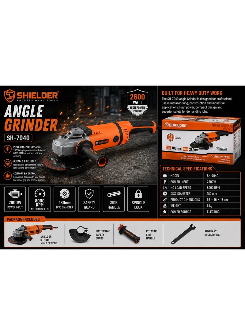 Shielder Angle Grinder Shielder SH-7040 2600W 180mm Heavy Duty Metal Cutting & Grinding Machine 8000RPM Industrial Power Tool - Image 1