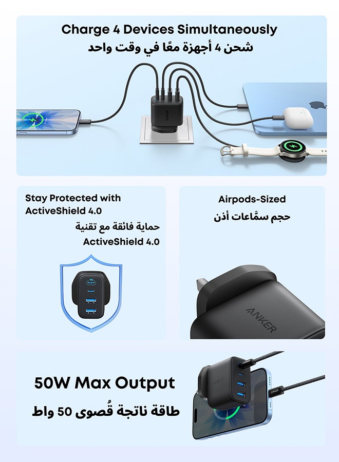 أنكر محول شاحن أنكر زولو USB C، محول حائط 4 منافذ مع 50 واط كحد أقصى، 2 USB-C و 2 USB-A، مدمج ومستقر، لجهاز iPhone 17/16، iPad، Galaxy، والمزيد (أسود، كابل غير متضمن) - Image 3