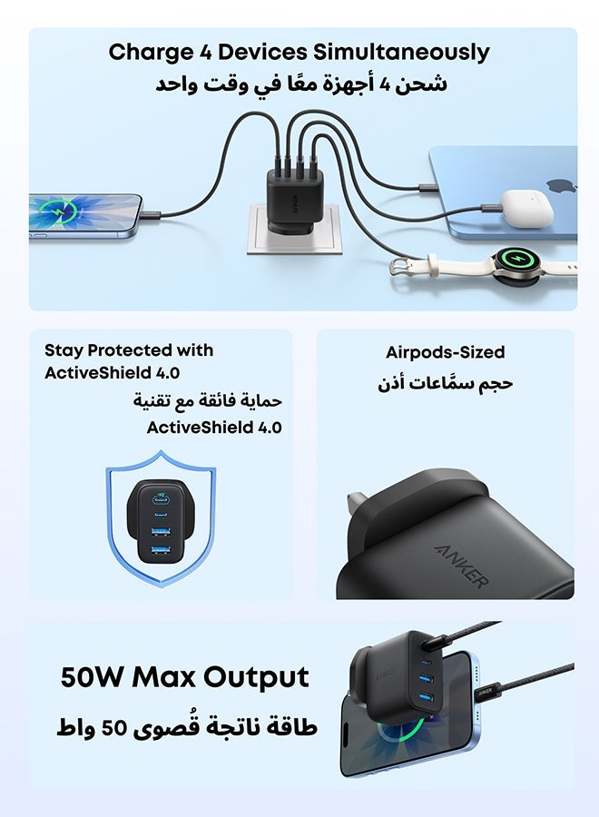 أنكر محول شاحن أنكر زولو USB C، محول حائط 4 منافذ مع 50 واط كحد أقصى، 2 USB-C و 2 USB-A، مدمج ومستقر، لجهاز iPhone 17/16، iPad، Galaxy، والمزيد (أسود، كابل غير متضمن) - Image 2