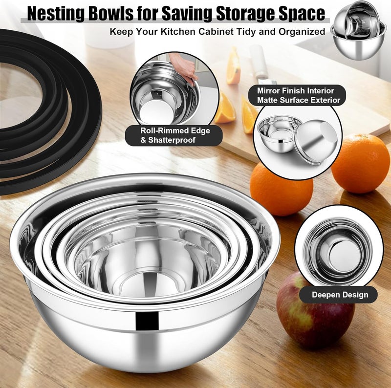 E-far طقم وعاء خلط من الفولاذ المقاوم للصدأ من E-far مع أغطية ومبشرات - Image 4