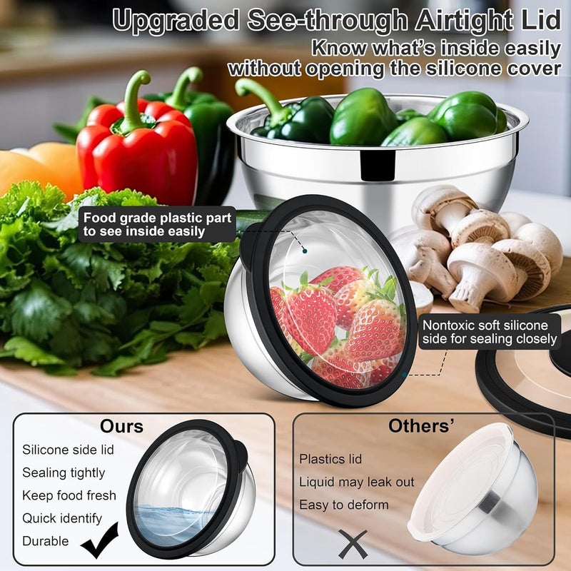 E-far طقم وعاء خلط من الفولاذ المقاوم للصدأ من E-far مع أغطية ومبشرات - Image 2