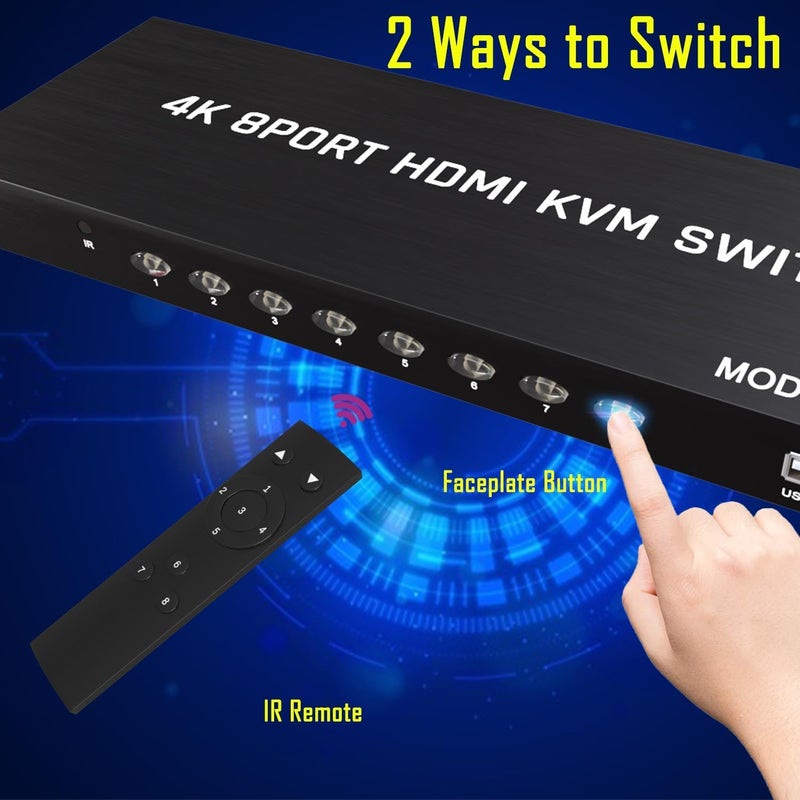 ETZIN 4K@60Hz HDMI KvM Switch 8 Port, HDMI kVM Switch for 8 PC Sharing 1 4K Monitor and 4 USB devices, with Remote Control, Wired Desktop Controller and 8 Cables EPL-1321H - Image 2