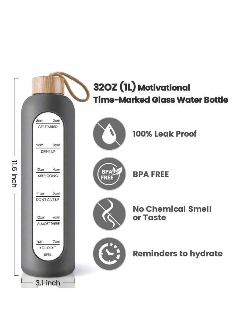 SYOSI 32 Oz Borosilicate Glass Water Bottle with Time Marker Reminder Quotes, Leak Proof Reusable BPA Free Motivational Silicone Sleeve and Bamboo Lid - Image 2