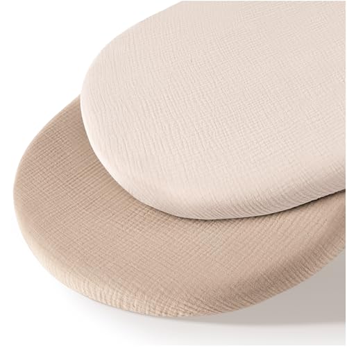 MairMore Muslin Bassinet Sheets for Babies – Soft & Breathable 100% Cotton Fitted Sheets for Oval, Rectangle, Hourglass Bassinet Mattress Pads, 2-Pack (Ivory & Pink) - Image 1