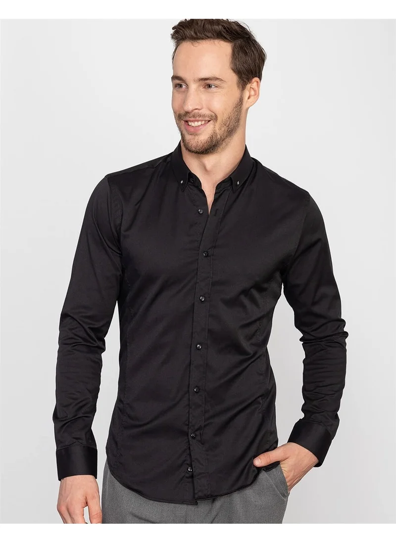 Tudors Super Slim Fit Lycra Black Men's Shirt