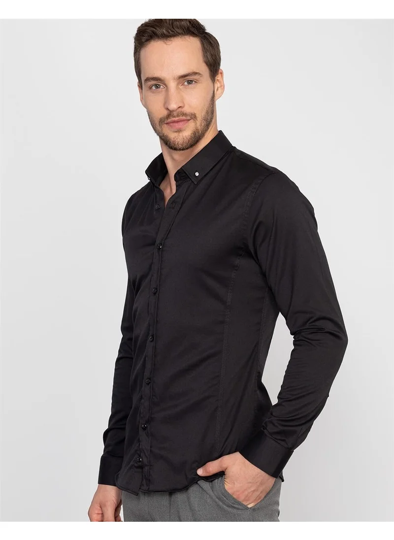 Tudors Super Slim Fit Lycra Black Men's Shirt