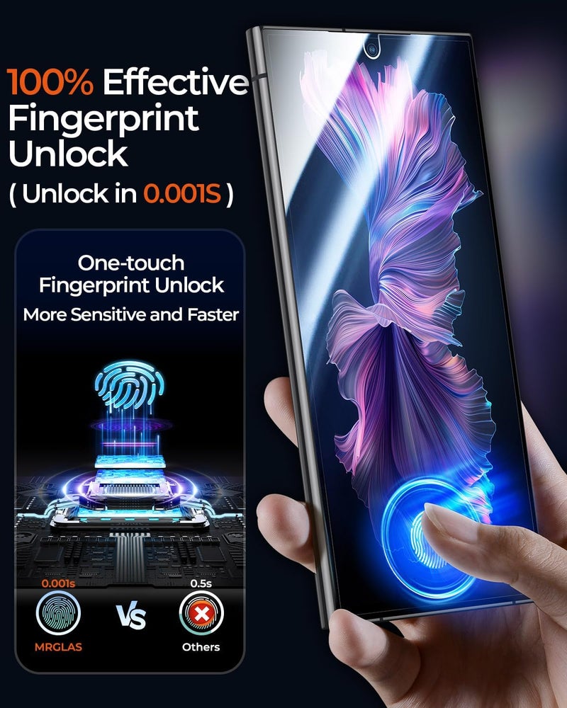 MRGLAS 2+2 Packs for Samsung Galaxy S24 Ultra Screen Protector 6.8'' with Camera Lens Protector [Auto-Dust Removal] [100% Fingerprint Unlock] HD 9H Tempered Glass 10X Military Protection, Zero-Bubble - Image 4