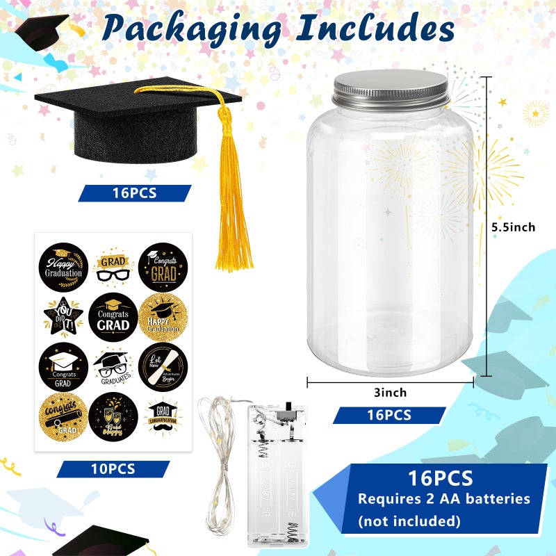 Phoncoo 16 Sets Graduation Table Decoration with LED Lights, Light up Mason Jar Graduation Decorations for Class of 2026, Graduation Table Centerpieces Decor with Grad Hat for College High Middle School(Black - Image 2