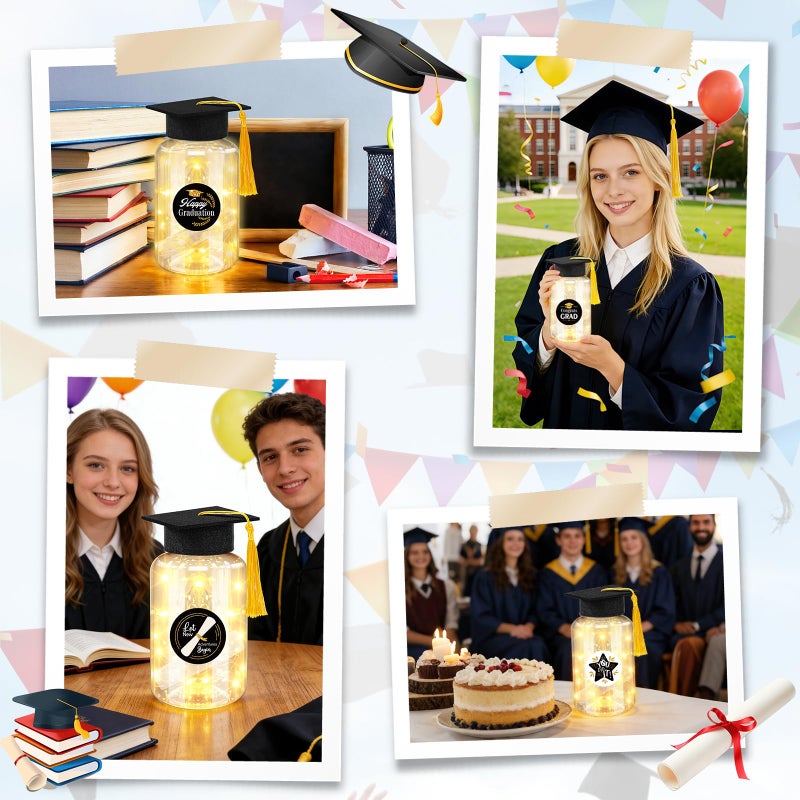 Phoncoo 16 Sets Graduation Table Decoration with LED Lights, Light up Mason Jar Graduation Decorations for Class of 2026, Graduation Table Centerpieces Decor with Grad Hat for College High Middle School(Black - Image 4