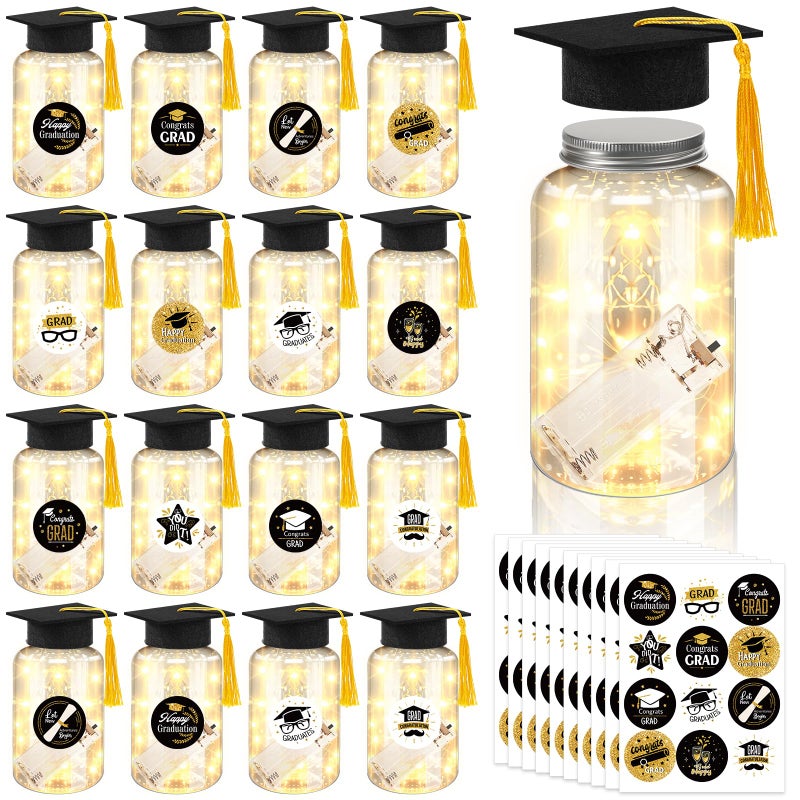 Phoncoo 16 Sets Graduation Table Decoration with LED Lights, Light up Mason Jar Graduation Decorations for Class of 2026, Graduation Table Centerpieces Decor with Grad Hat for College High Middle School(Black - Image 1