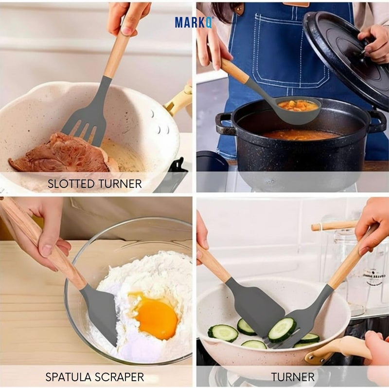 MARKQ طقم أدوات المطبخ 12 قطعة | أدوات طهي سيليكون بمقابض خشبية من الخيزران | طقم أدوات طهي غير لاصق وسهل التنظيف (رمادي) - Image 4