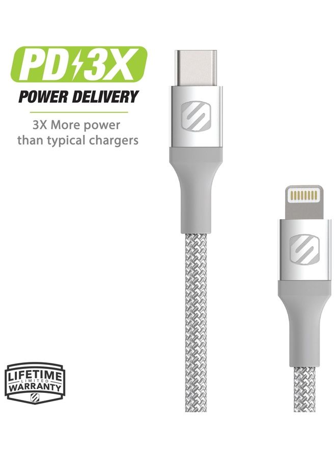 Scosche 8ft Braided Lightning To USB C Charge & Sync Cable Silver - Image 2