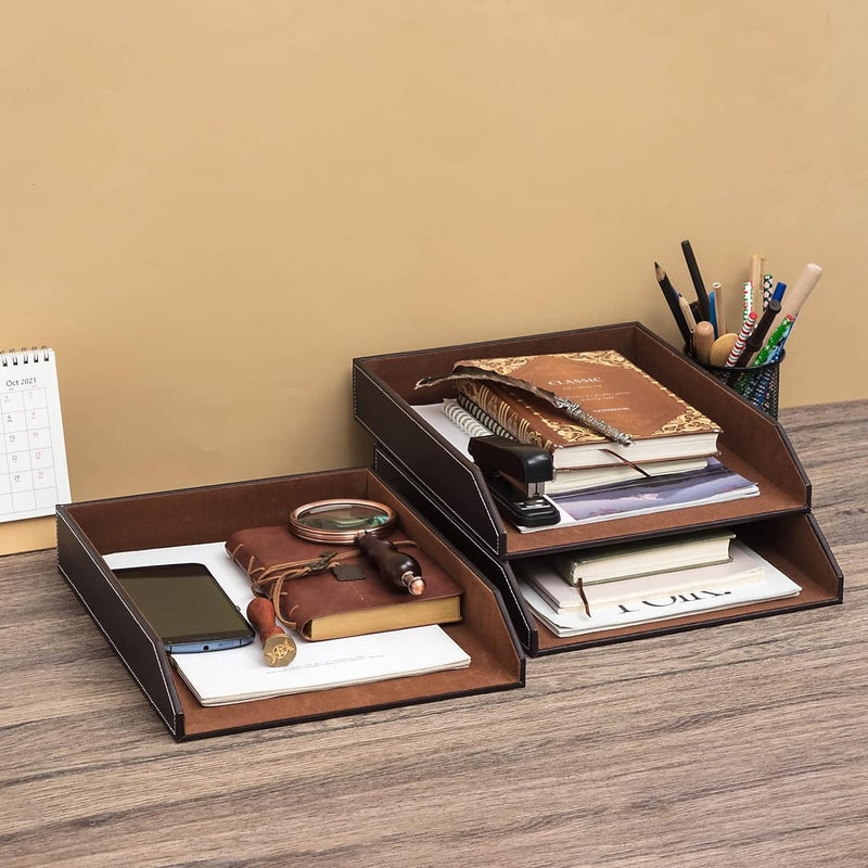 Vanquish 3 Pieces Leather Letter Tray Stackable Desk Organizer Desk Storage Letter Holder Fits A4 Paper for Document File Magazine Mail Office School Classroom Home Teachers Students Gifts Supplies - Image 1