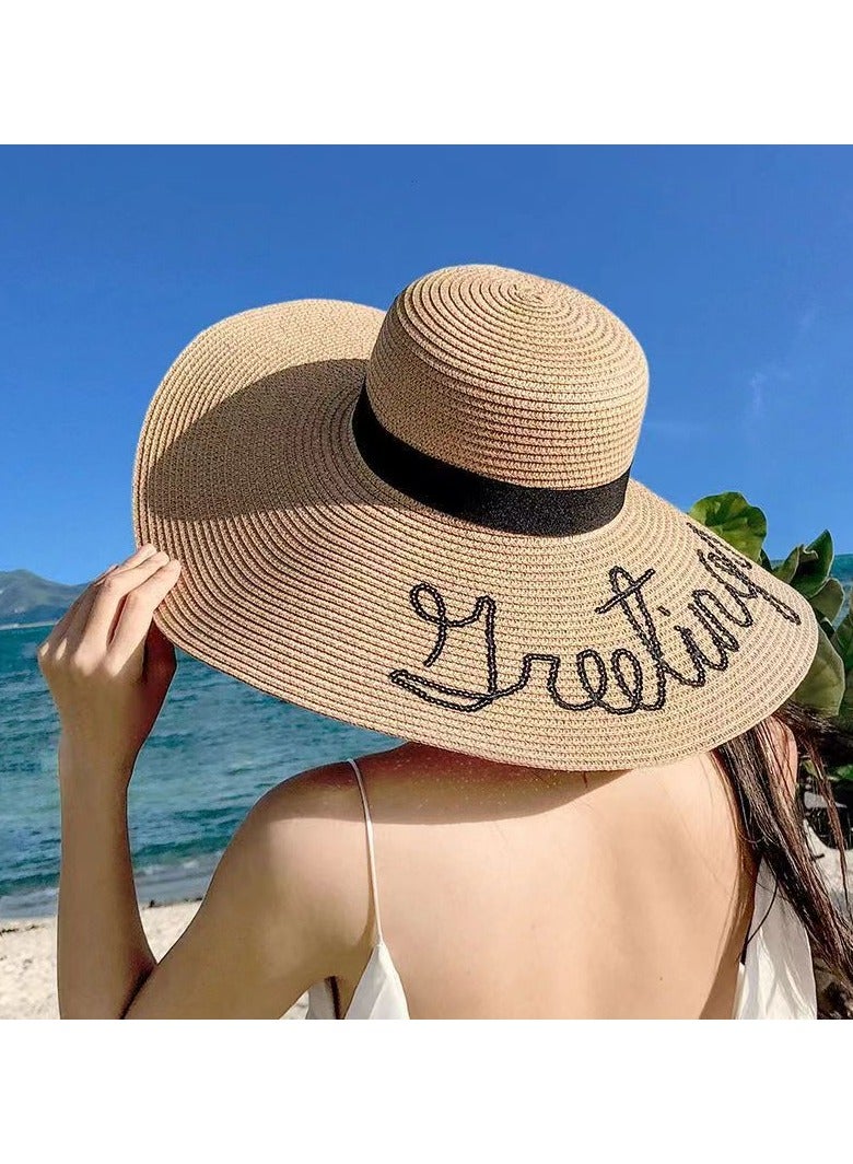 Women's wide brimmed straw woven Panama hat, soft wool hat, summer beach sun hat, women's straw hat - Image 2