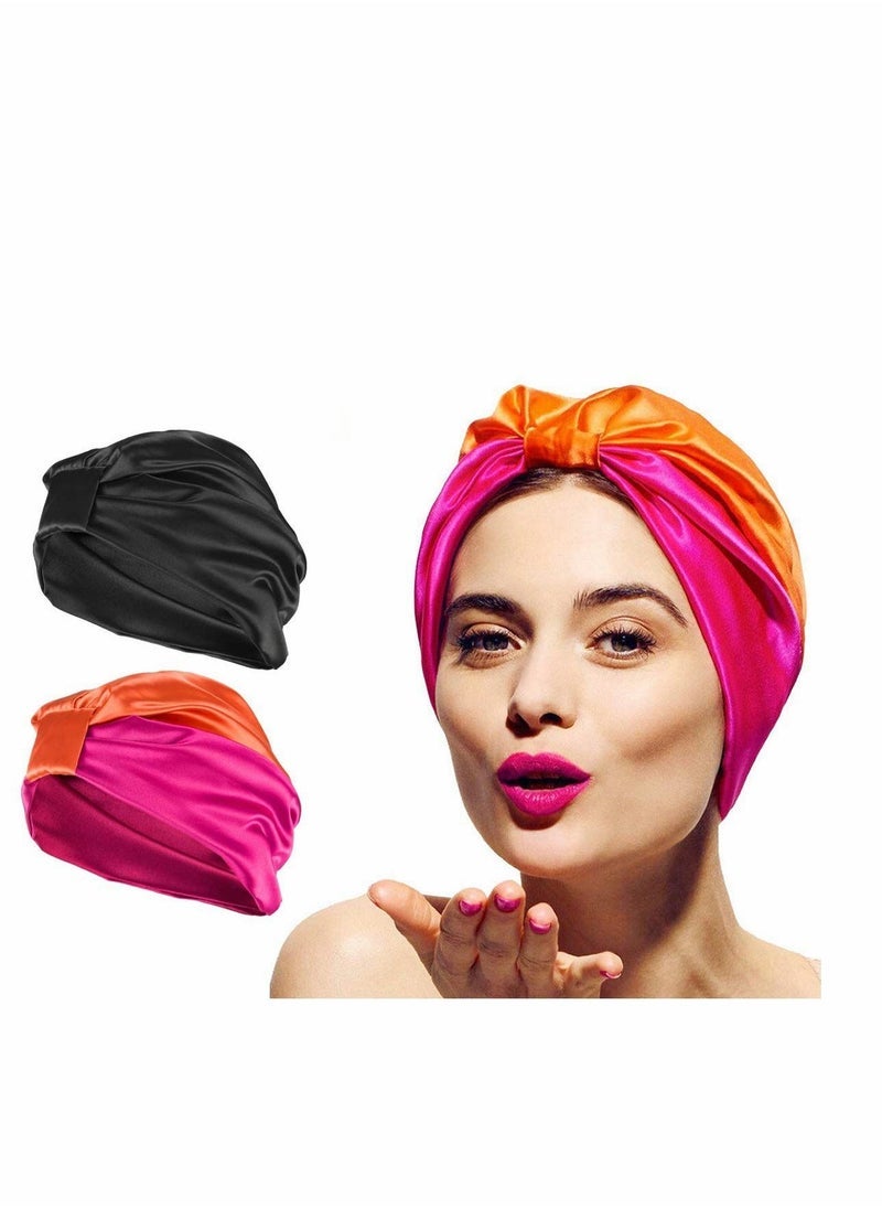 Sleep Cap Turban Hat Non slip Elastic Silk Bonnet, for Woman Girl Curly Long Hair, Satin Sleeping Cap for Hair Women, Oversized Design for All Length Thick Curly Hair (2Pcs)