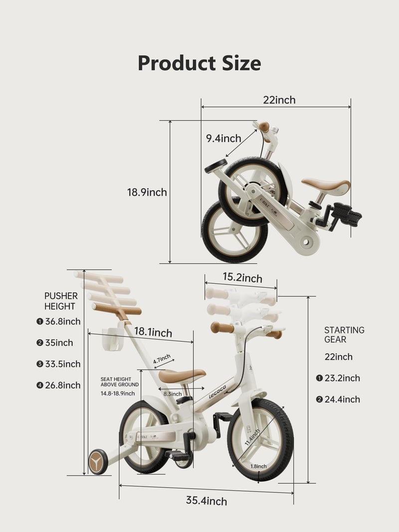 lecoco Upgraded Toddler Bike with Push Handle 6 in 1 for Kids, Balance Bicycle Toys with Training Wheels, Brackes, Cup Holder, Pedal, Kickstand Birthday Gift for Boys and Girls - Image 3