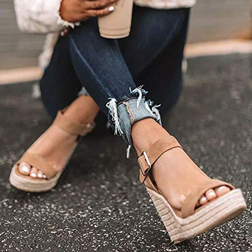 SUMOJIU Women'S Wedge Sandals Platform, Ankle Strap Wedge Sandals Open Toe Casual Summer Straw Woven Classic Wedge Sandals SIZE 6 - Image 5