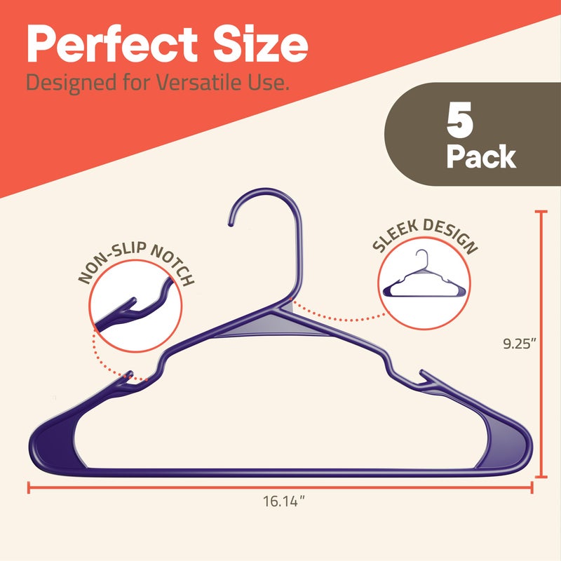 Campior Purple Plastic Hangers 5 Packâ€“ Heavy-Duty Plastic Hangers Slim and Space-Saving, Durable and Lightweight with Non-Slip Shoulder Notches for Slip Dresses, Suits, Jackets & Camisoles - Image 2