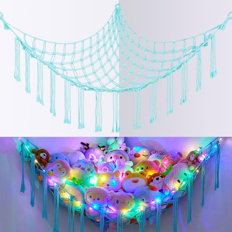 Basumee Stuffed Animals Net or Hammock with LED Light Hanging Stuffed Animals Storage Toy Hammock Net Corner Wall Girls Room Decor Toy Storage Organizer Light Aqua Green L