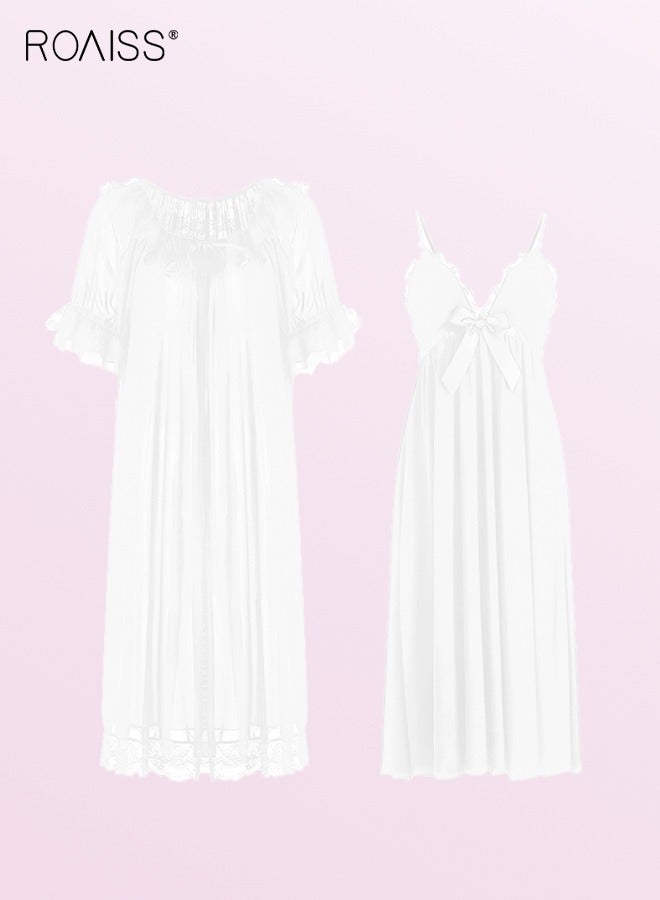 roaiss 2 Piece Set Night Skirt Solid Women's Lace Pajamas with Chest Pad V-Neck Sling Mesh Sweet Court Retro Nightdress Loungewear Soft Spring Summer Home Wearing Clothes White  - Image 2