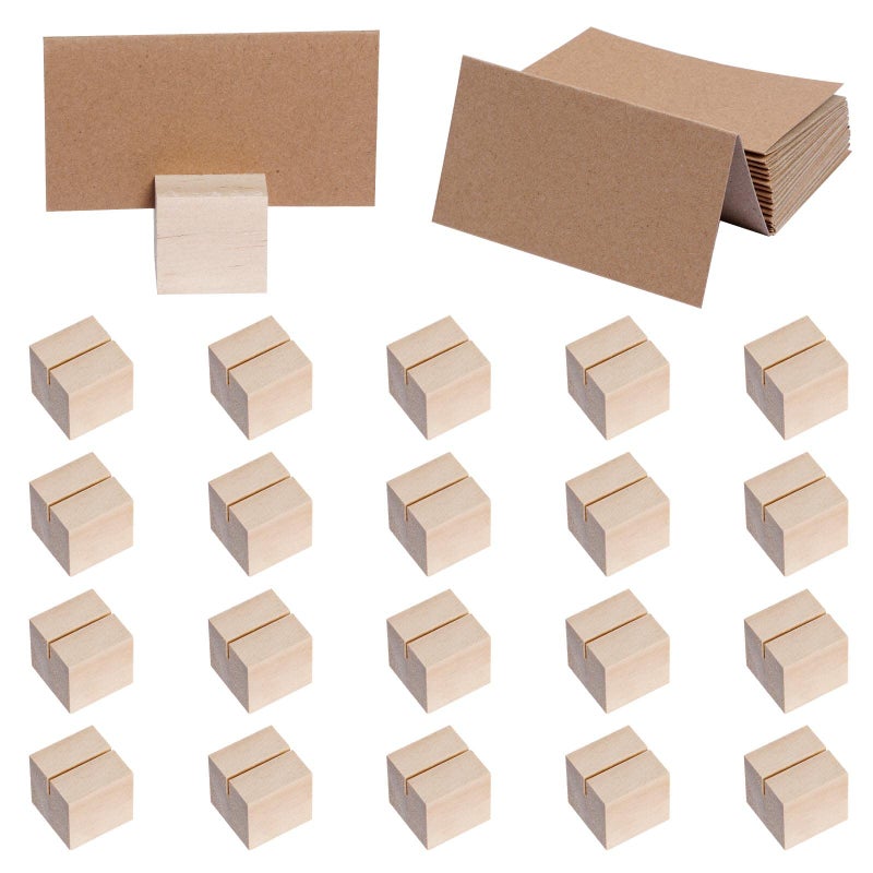 Mifengda 20 Pieces Wood Place Card Holders  Table Number Stands Small Sign Display for Wedding Reception Party Decoration  Rustic Wooden with Brown Paper Cards
