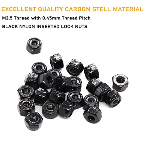 binifiMux 100Pcs M2.5 x 0.45mm Nylon Inserted Hex Self Lock Nuts, Black Zinc Plated, DIN985 - Image 2