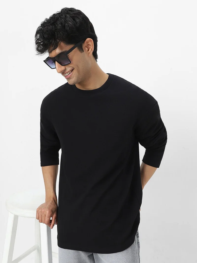 Urbano Fashion  Urbano Fashion Men's Black Textured Round Neck Oversized Full Sleeve Cotton T-Shirt  | Best Price UAE