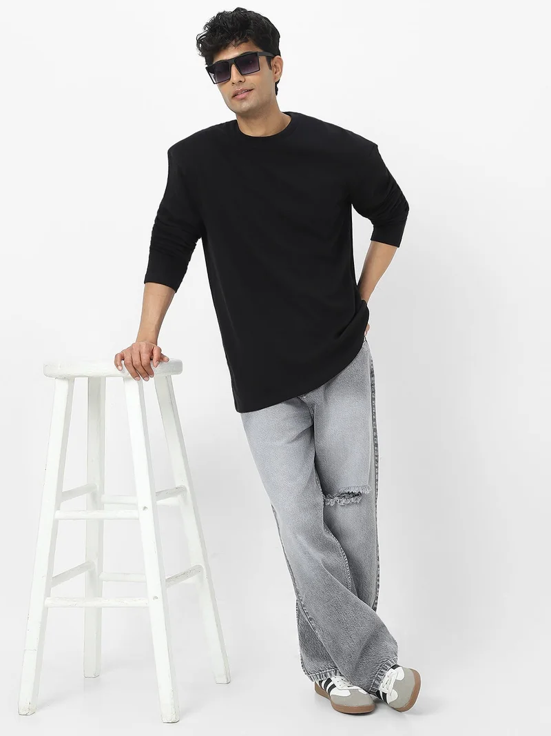 Urbano Fashion  Urbano Fashion Men's Black Textured Round Neck Oversized Full Sleeve Cotton T-Shirt  | Best Price UAE