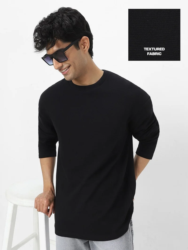 Urbano Fashion Men's Black Textured Round Neck Oversized Full Sleeve Cotton T-Shirt