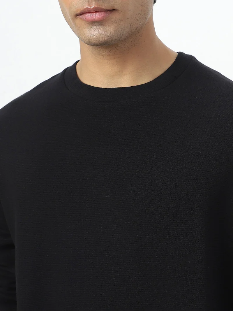 Urbano Fashion  Urbano Fashion Men's Black Textured Round Neck Oversized Full Sleeve Cotton T-Shirt  | Best Price UAE