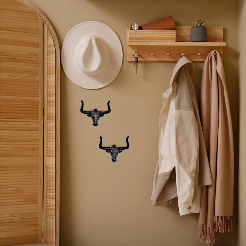خطافات حائط برأس ثور من الحديد الزهر 2 قطعة لعرض قبعات رعاة البقر الريفية سهلة التركيب - Image 3