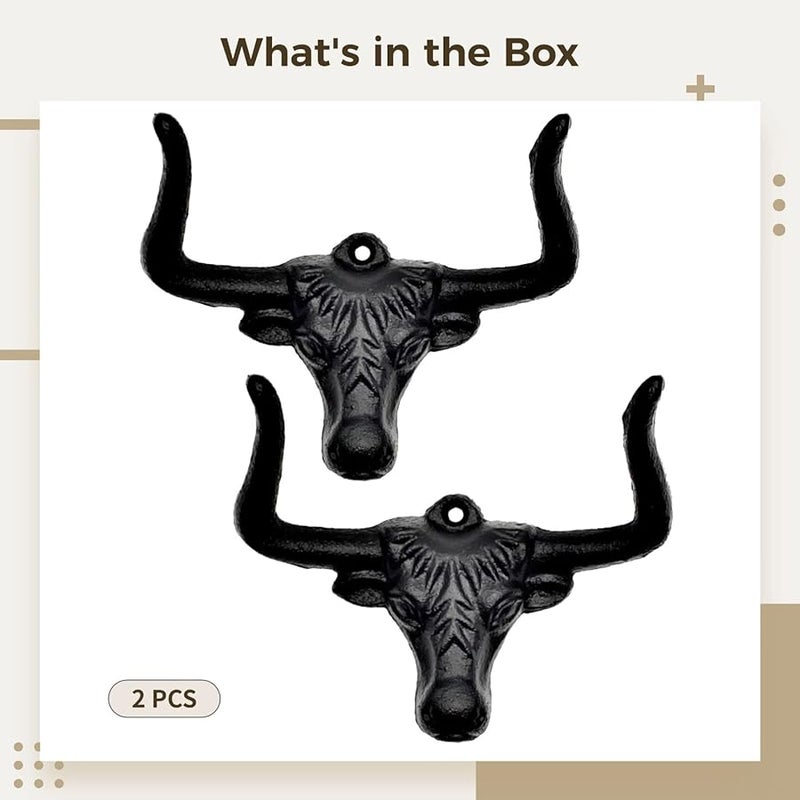 خطافات حائط برأس ثور من الحديد الزهر 2 قطعة لعرض قبعات رعاة البقر الريفية سهلة التركيب - Image 4