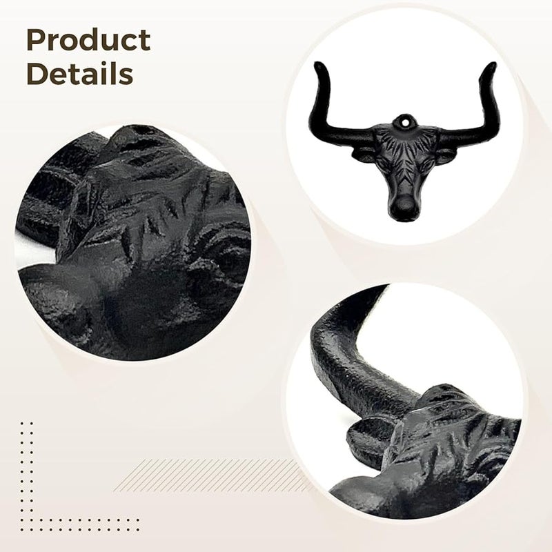 خطافات حائط برأس ثور من الحديد الزهر 2 قطعة لعرض قبعات رعاة البقر الريفية سهلة التركيب - Image 5