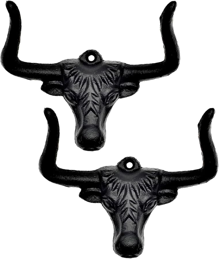 خطافات حائط برأس ثور من الحديد الزهر 2 قطعة لعرض قبعات رعاة البقر الريفية سهلة التركيب - Image 2