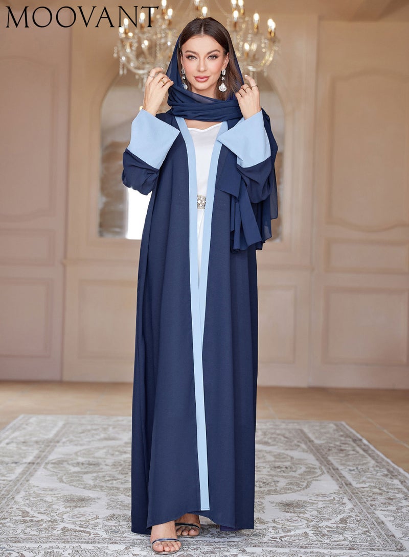 Moovant Women's Elegant Cardigan Chiffon Abaya Dress with Headwrap, Fashion Patchwork Color Robe, Dubai Sadui Middle East Arabic Banquet Wedding Party Dress, Women's Festival Clothing, Blue  - Image 1
