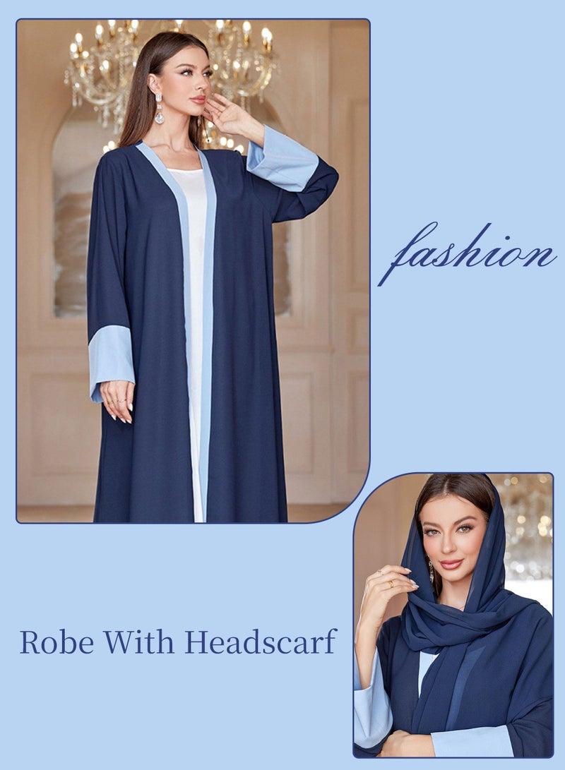 Moovant Women's Elegant Cardigan Chiffon Abaya Dress with Headwrap, Fashion Patchwork Color Robe, Dubai Sadui Middle East Arabic Banquet Wedding Party Dress, Women's Festival Clothing, Blue  - Image 5
