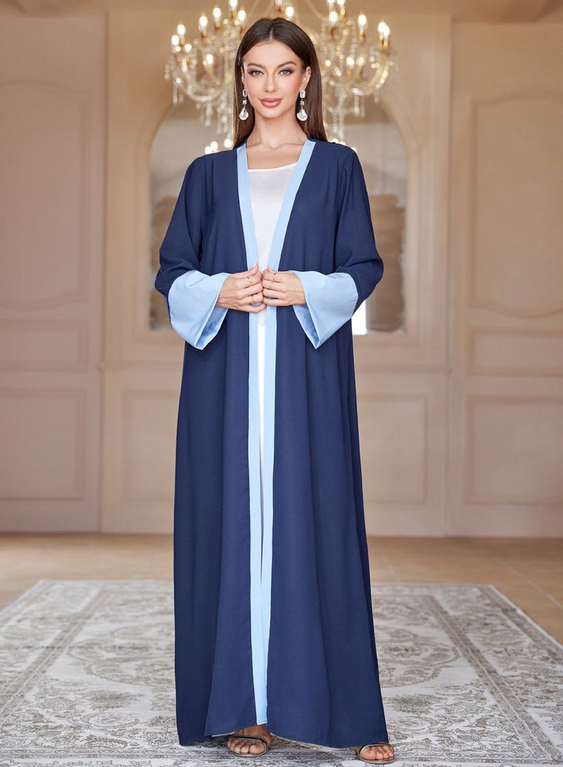 Moovant Women's Elegant Cardigan Chiffon Abaya Dress with Headwrap, Fashion Patchwork Color Robe, Dubai Sadui Middle East Arabic Banquet Wedding Party Dress, Women's Festival Clothing, Blue  - Image 2