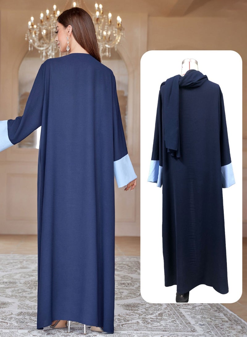 Moovant Women's Elegant Cardigan Chiffon Abaya Dress with Headwrap, Fashion Patchwork Color Robe, Dubai Sadui Middle East Arabic Banquet Wedding Party Dress, Women's Festival Clothing, Blue  - Image 3